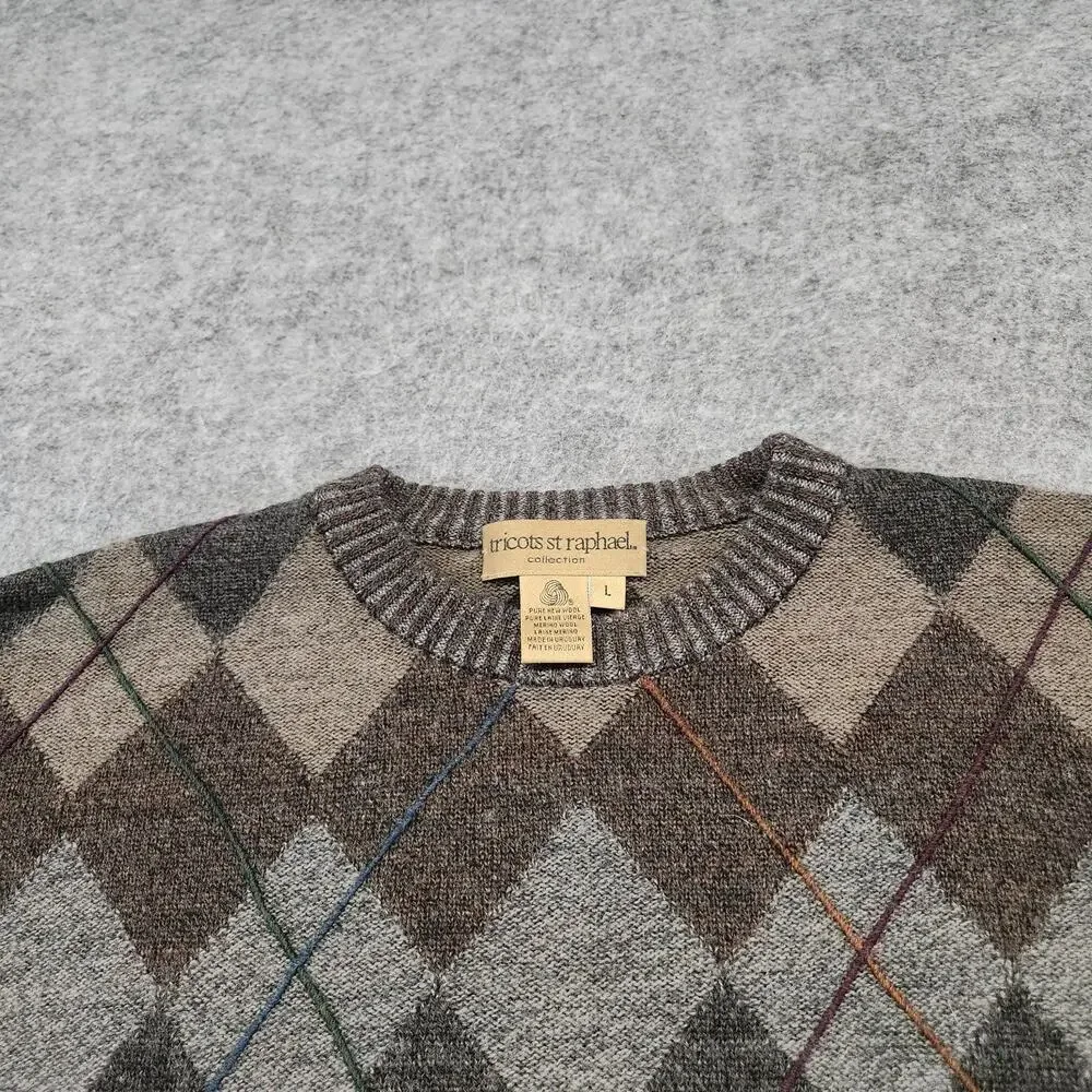 VTG Tricots St Raphael Mens L Large Pure‎ New Wool Knit Crewneck Argyle Sweater